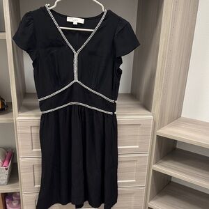 LOFT Black Midi Dress with Braided Contrast Trim